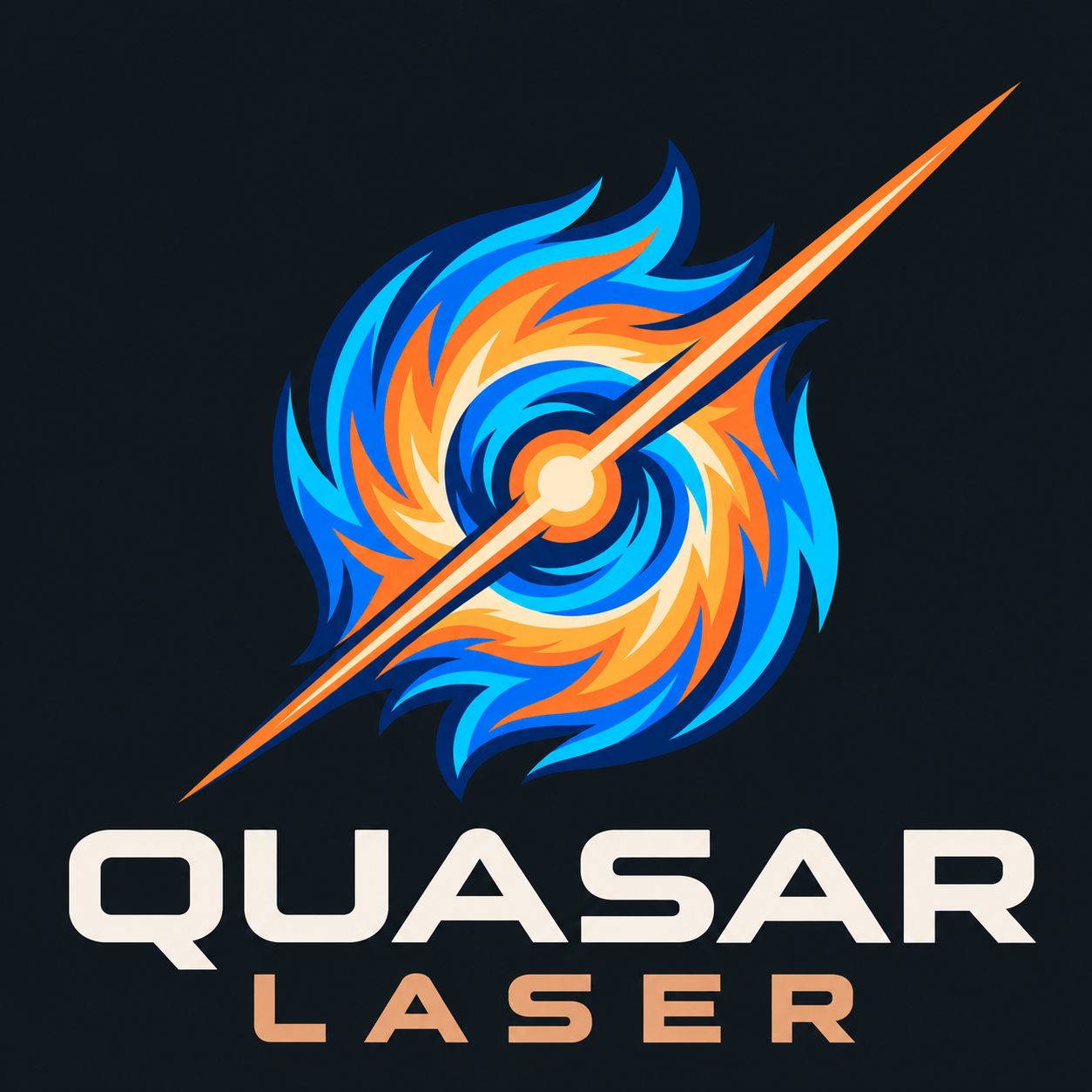 Quasar Laser logo: a blue and orange swirling quasar crossed by a laser beam, with Quasar Laser lettering